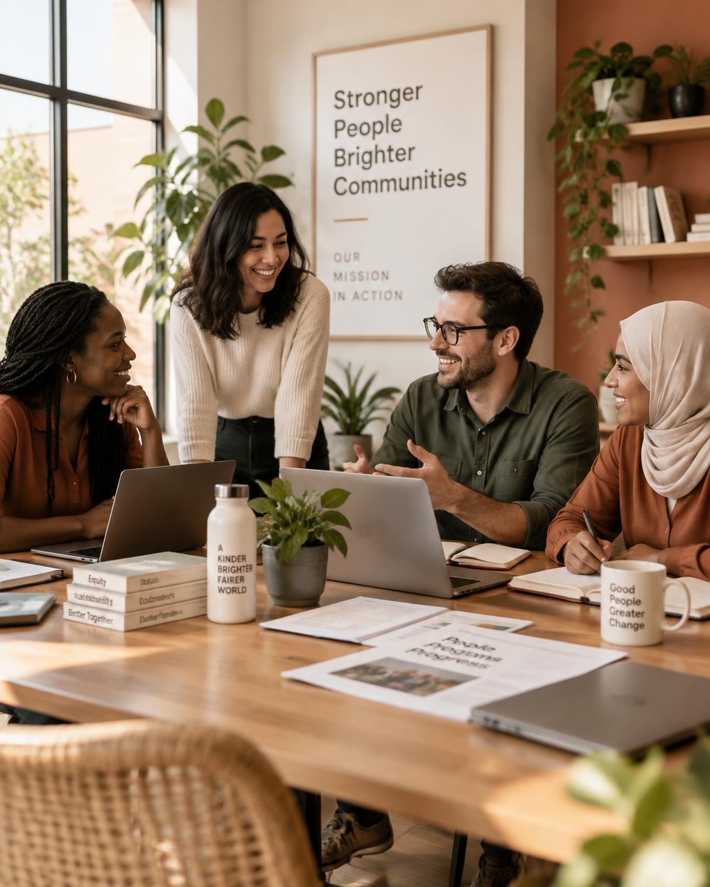 A nonprofit team collaborating at a table with documents and laptops